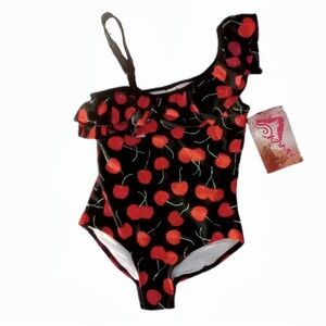 NWT Kanu Surf Black/Red Cherry 1pc Swimsuit sz 6X Girls Ruffle Shoulder